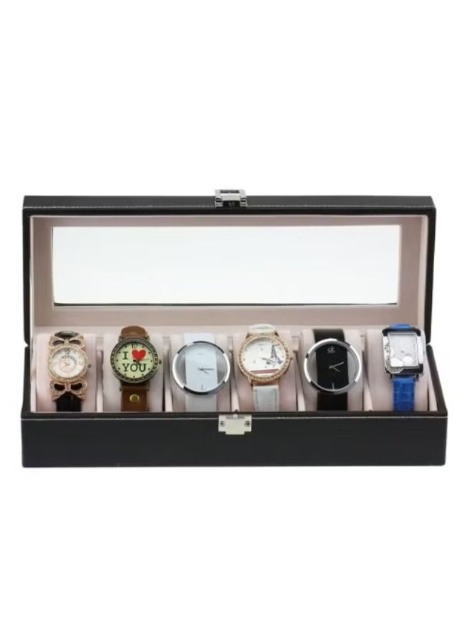 صندوق تخزين ساعات اليد بستة فتحات، بسعة كبيرة، مصنوع من الجلد المقاوم للغبار والخدوش، وهو قابل للحمل (أسود). - Image 4